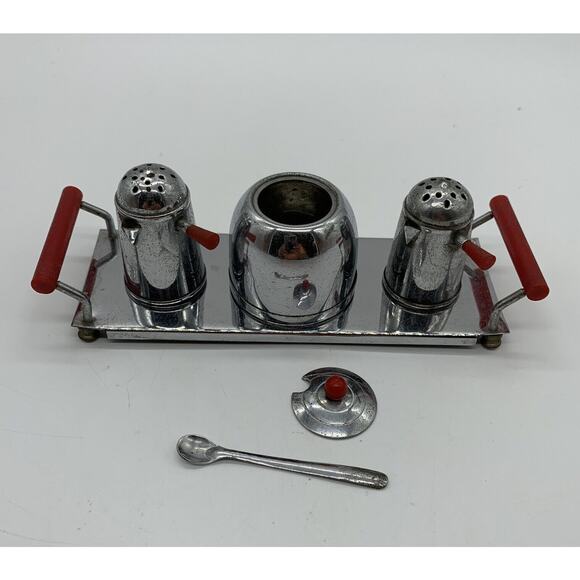 Vntg Occupied Japan chrome and bakelite minature condiment set Read 1940’s - Picture 3 of 6